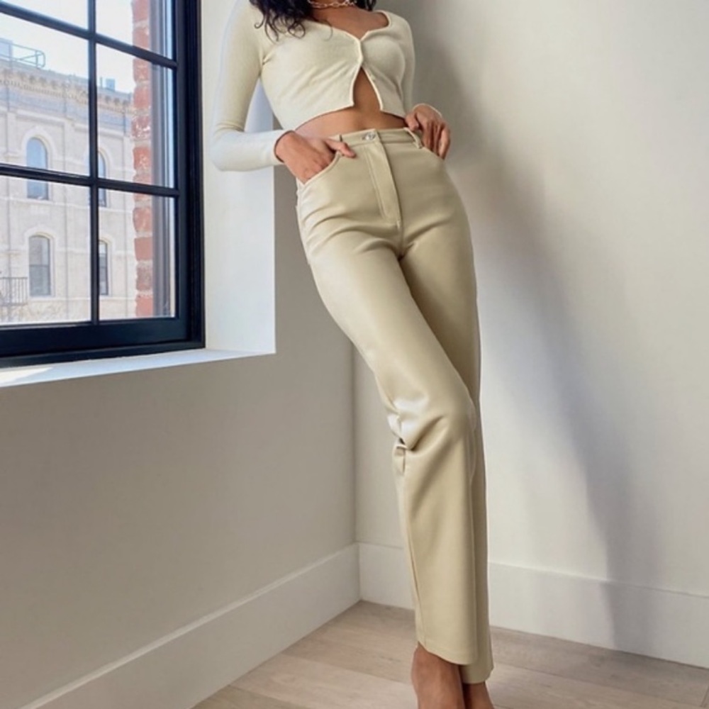 Aritzia Wilfred Melina Cream Leather Straight Cut Pants